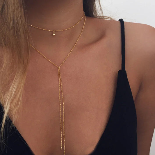 Trendy Gold Plated Lariat Necklace for Women Double Layer Chain Long Y-shaped Necklaces Fashion Jewelry Gifts Body Accessorie