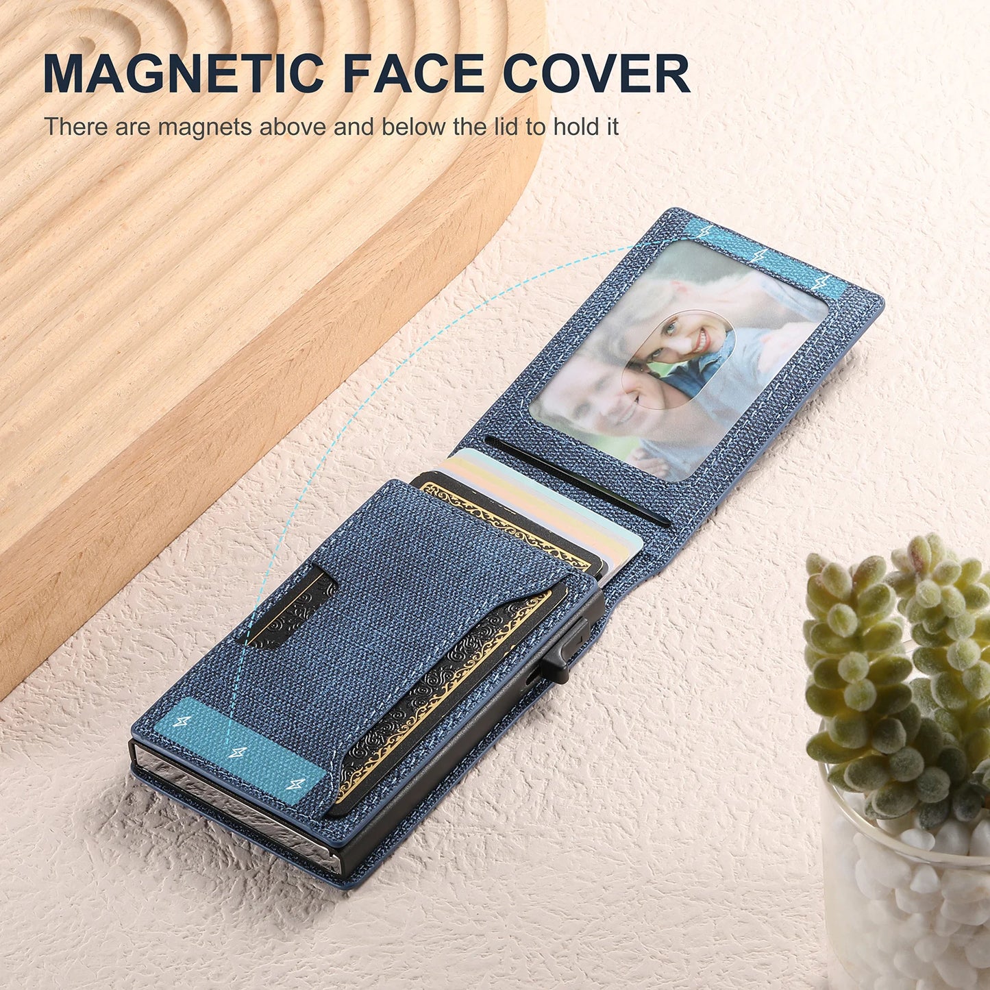 Push-out Card Faux Leather Card Holder Wallet Holder Large Capacity Can Hold 1-12 Cards 1 Photo Black/Brown/Blue