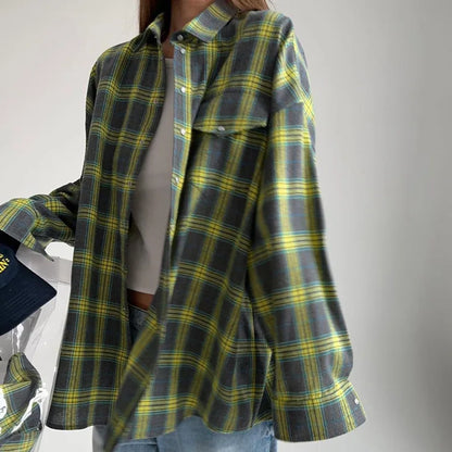 New Vintage Women Oversized Long Sleeve Plaid Shirt Blouse Tops Autumn Winter Button Down Loose Lapel Pocket Shirt Korean Sty