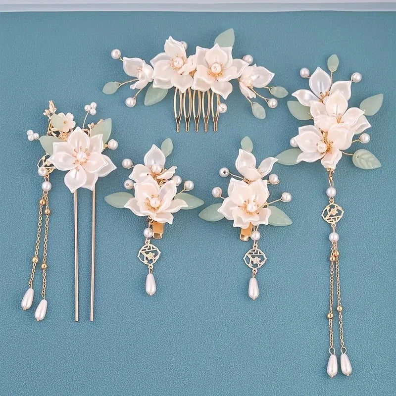 5-piece set featuring vintage floral and tassel designs, handmade Hanfu hair accessories, elegant classical style artificial 