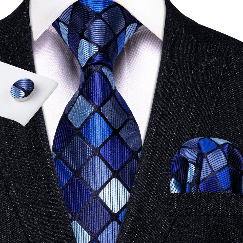 Men Tie Gold Navy Blue Striped Tie Barry.Wang 3.4" Jacquard Party Wedding Woven Fashion Designers Necktie For Men silk Busine