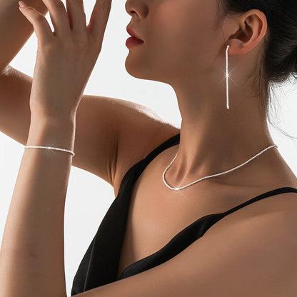Set of Shiny Silver Plated Collarbone Chain Necklace Bracelet Jewelry, Women's Minimalist Starry Sky Accessories - S4004