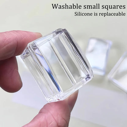 Square Clear Silicone Nail Stamp Set, Alcohol-Cleanable, Suitable for Large Plates, Includes Scraper and Replacement Stamp He