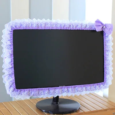 Lace Fabric Computer Frame Cover Monitor Screen Dust Cover With Elastic Pen Pocket Bow Home Decorations - VIOLET/紫罗兰 / 27-32 