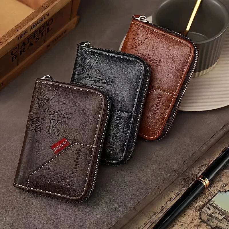 ​​Vintage PU Leather Slim Wallet - Zipper RFID Blocking 11-Slot Card Holder, Retro Style Gift for Men & Women, Classic Design