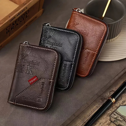 ​​Vintage PU Leather Slim Wallet - Zipper RFID Blocking 11-Slot Card Holder, Retro Style Gift for Men & Women, Classic Design