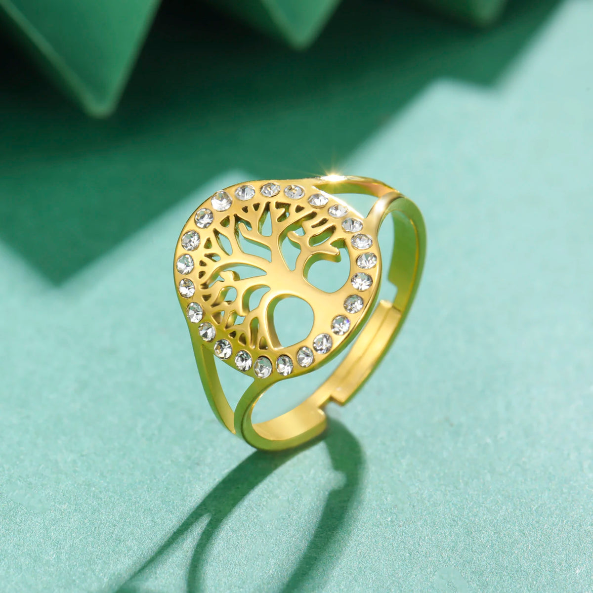 Skyrim Tree of Life Clear Zircon Round Ring Stainless Steel Gold Color Adjustable Women Finger Rings Amulet Jewelry