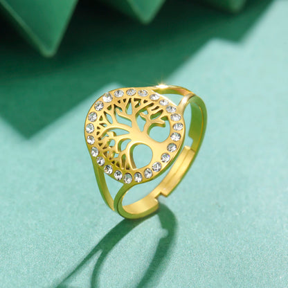 Skyrim Tree of Life Clear Zircon Round Ring Stainless Steel Gold Color Adjustable Women Finger Rings Amulet Jewelry