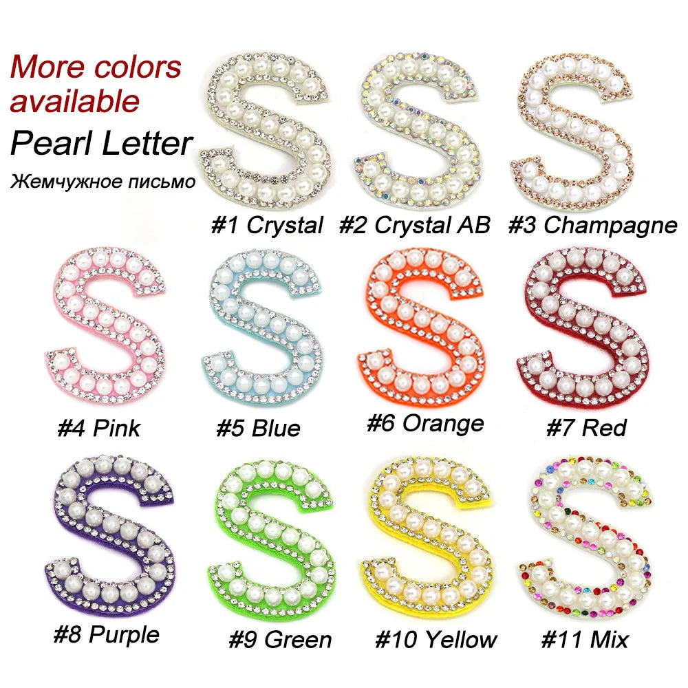 26 English Letters Pearl Rhinestone Patches For Clothes A-Z Alphabet Pearl Rhinestones Applique Sew On/Glue On Patches DIY Na