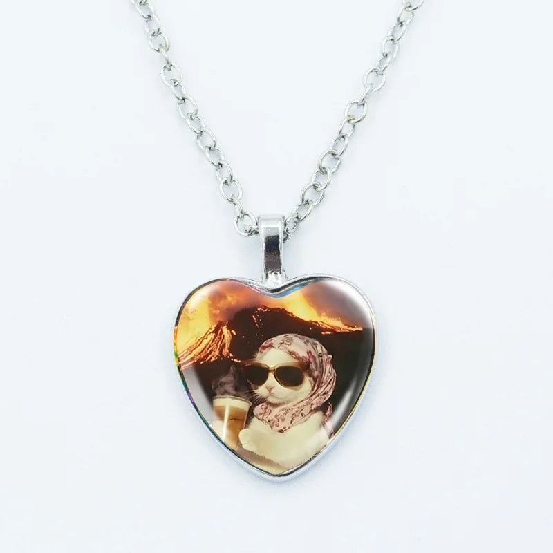 Cute Funny Rainbow Alien Cat Heart Pendant Necklace Animal Shape Art Photo Glass Cabochon Jewelry Children's And Women's - 14