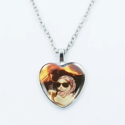 Cute Funny Rainbow Alien Cat Heart Pendant Necklace Animal Shape Art Photo Glass Cabochon Jewelry Children's And Women's