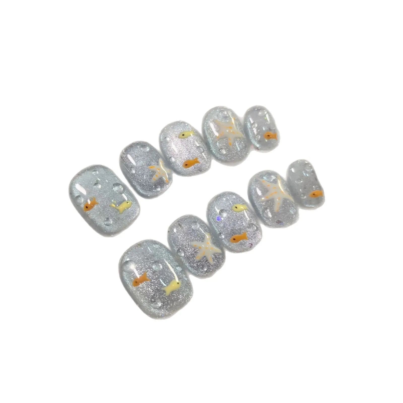 10pcs/set Handmade Press-On Nails - Blue Glossy Fish & Bubbles Design Short Oval Fake Nails with Cat Eye Effect False Nails -