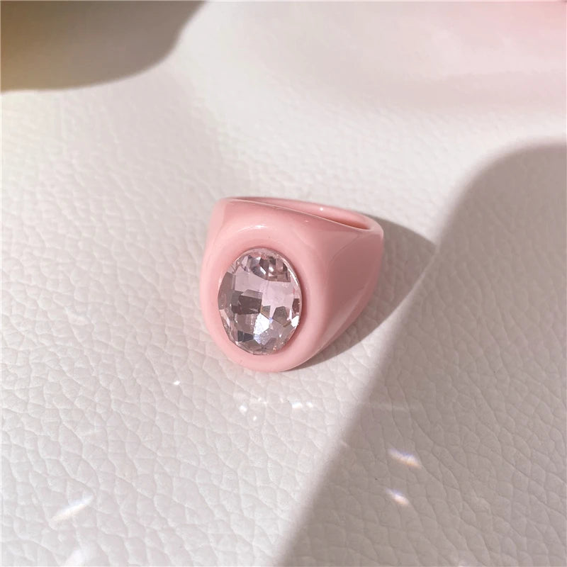 2022 New Sweet Multicolor Resin Oil Drip Ring for Women Geometric Oval Flowers Beads Rhinestones Ring Cute Jewelry HangZhi