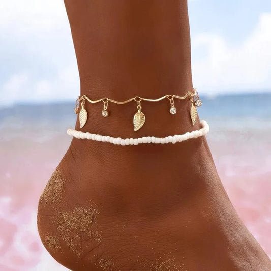 Boho Anklet Foot Colorful Beads Chain Summer Bracelet Heart Pendant Charm Anklet Sandals Barefoot Beach Foot Bridal Jewelry J