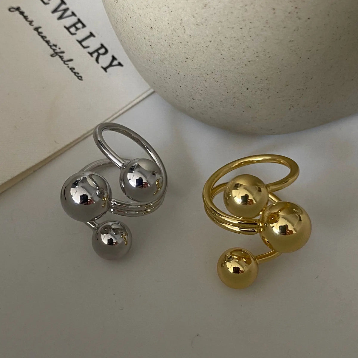 LATS Exaggeration Punk Metal Personality Irregular Three-layer Design Ball-Shape Open Ring for Women Fashion Simple Jewelry G