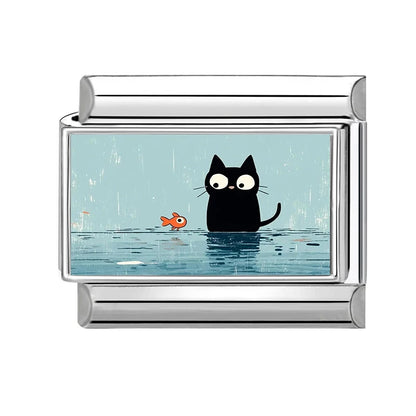 2026 New Women's Gift Cute Cat Looks at the cake Italian Charm Links Beads Fit 9mm Stainless Steel Modular Bracelet Jewelry G