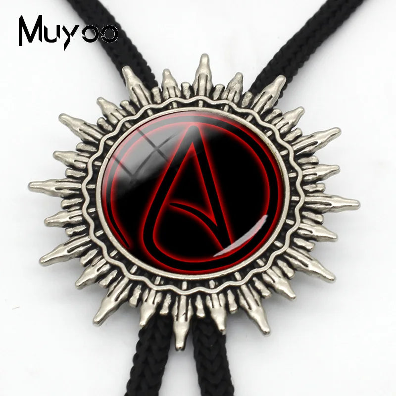 BOLO-0087 Fashion Hot Atheist Atheism Symbol Bolo Ties For Men Handmade Atheist Logo Round Glass Dome Slide Fashion Neck Tie