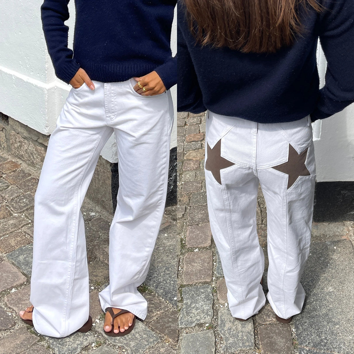 Women's Y2K Vintage Jeans Aesthetic Star Pattern Print Loose Straight Leg Denim Long Pants Casual Low Waist Trousers - WHITE 