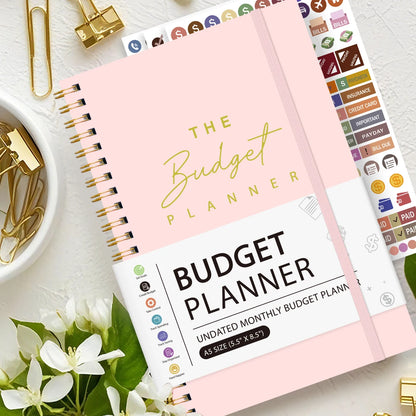 A5 Budget Planner Book with 3 Sheets Stickers, Undated Monthly Finance Organizer, Budget Journal for Money Management, Cash F