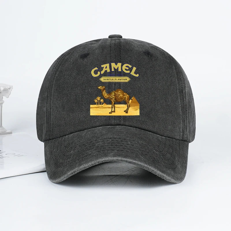 Vintage “Camel” Desert Scene Print Washed Baseball Cap - Adjustable Unisex Vintage Cap for Outdoor Hiking and Mountaineering 