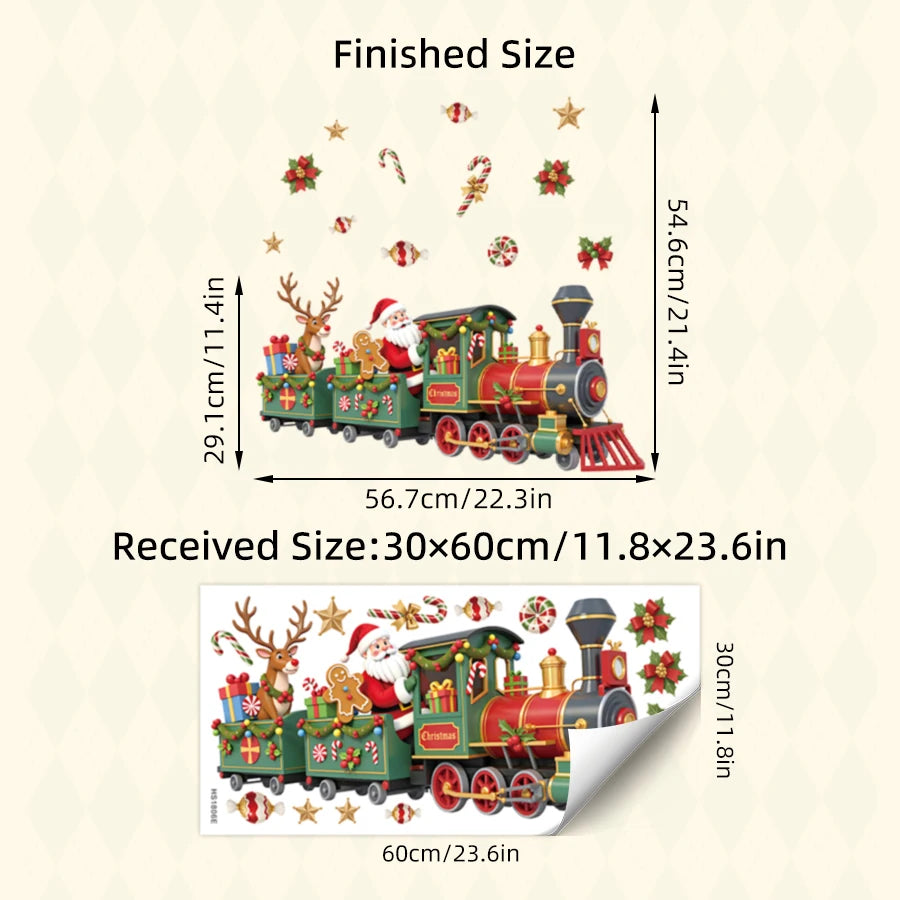 Whimsical Santa Train Christmas Wall Stickers With Candy Holly Removable Self-Adhesive For Kids Room Restaurant Shop Decor - 