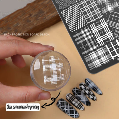 Elegant Grid Nail Stamping Plates 10*15cm Plus Size Plaid Line Stripe Butterfly Flower Design Nail Art Plates DIY Printing To