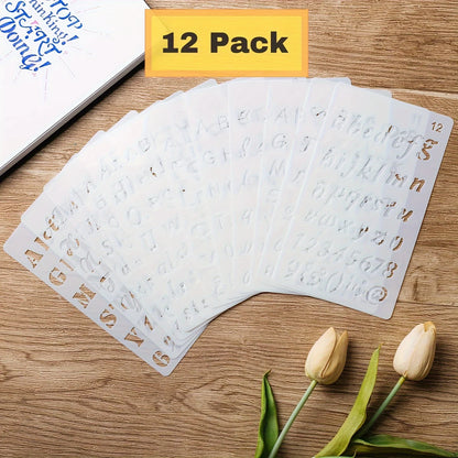 12Set English Alphabet Stencil Templates Art Letters Painting on Wood, Reusable Stencil Crafts Drawing Templates for DIY
