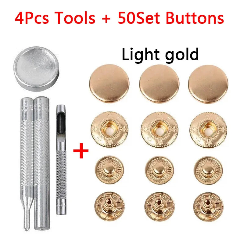 50Sets Leather Snap Fasteners Kit 10mm 12mm 15mm Metal Button Snaps Press Studs 4 Install Tools Leather Snaps For DIY Clothes