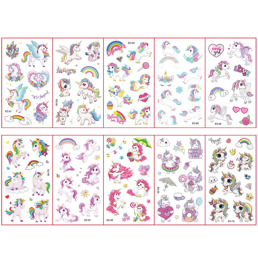 10 Sheets/Pack Kids Cartoon Unicorn Tattoo Sticker for Children's Arm Hands Body Cute Temporary Fake Tatoo - style 4