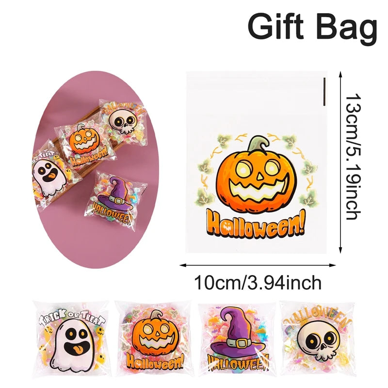 50/100Pcs Spooky Halloween Candy Bags Pumpkin Ghost Gift Cookie Self-Sealing Bags Halloween Party Decor Trick or Treat