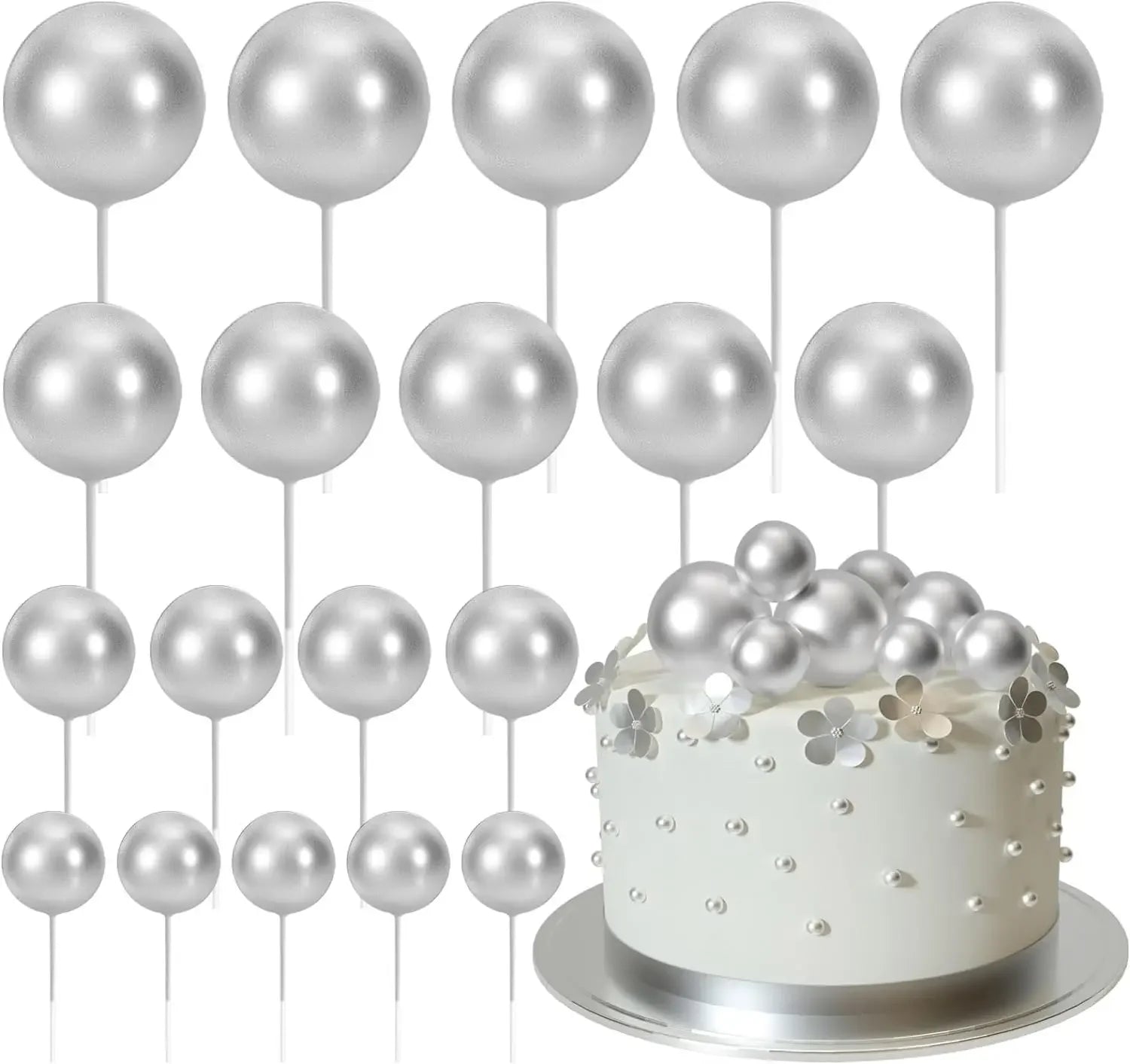 20-Piece Mini Balloon Cake Topper Decorations with Gold Ball Picks - Festive Cake Decor for Celebrations - Silver