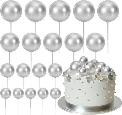 20-Piece Mini Balloon Cake Topper Decorations with Gold Ball Picks - Festive Cake Decor for Celebrations - Silver