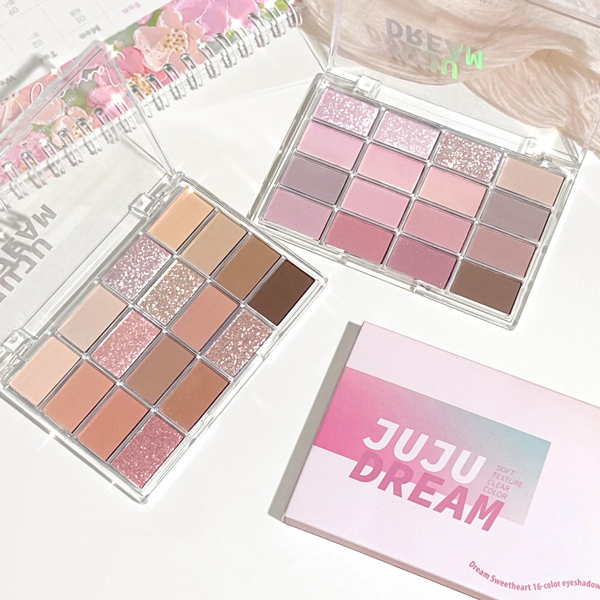 JUJU DREAM 16-Color Earth Tone Eyeshadow Matte & Shimmer Palette, Lying Silkworm Brightener for Soft Daily Makeup