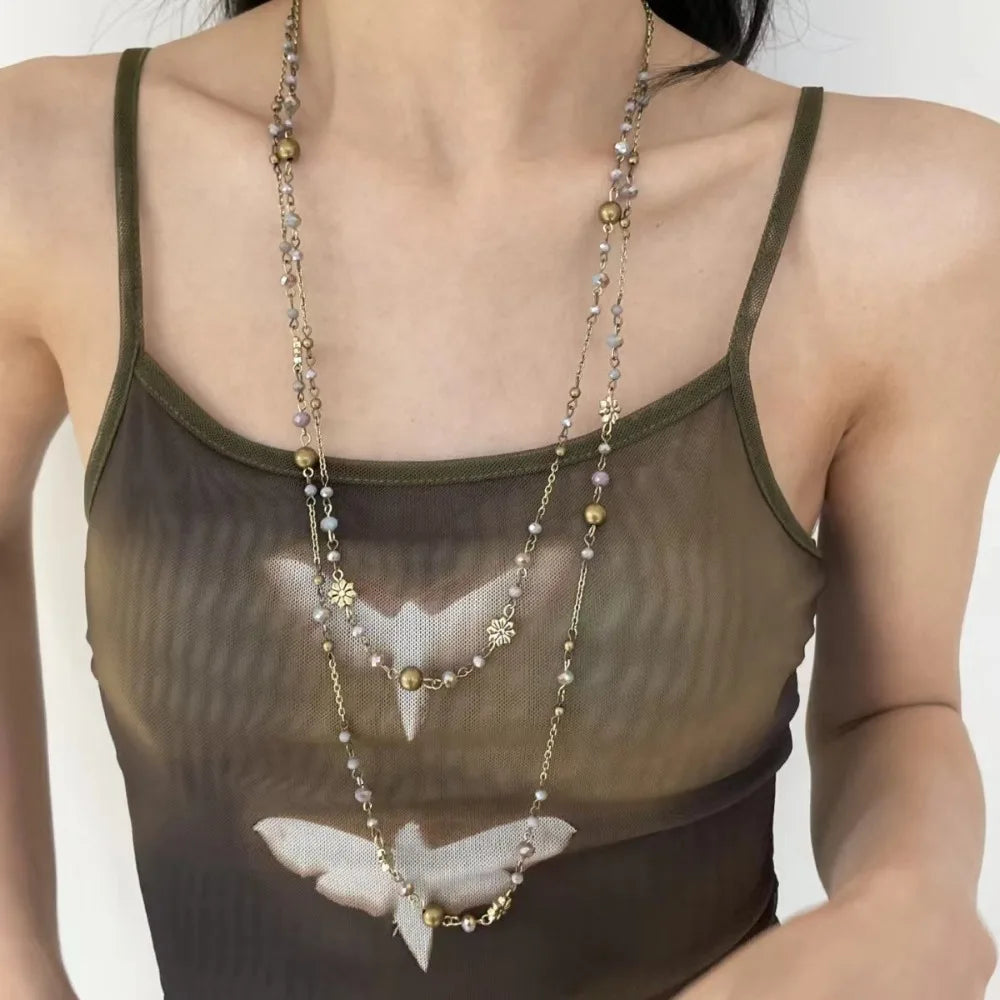 Bohemian Double-layer Flower Necklace Long Beaded Sweater Chain Y2K Style Stackable Geometric Necklace - Ancient Bronze