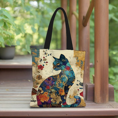 1/5/10pcs Floral Cat Pattern Tote Bag, Aesthetic Canvas School Shoulder Bag, Lightweight Grocery Shopping Bag