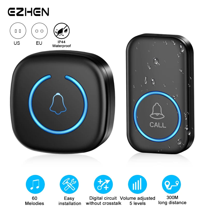 Wireless Doorbell Intelligent Welcome Door Bell 300M/984 FT Remote 60 Songs Melodies Home Smart Doorbell US EU UK Plug Option