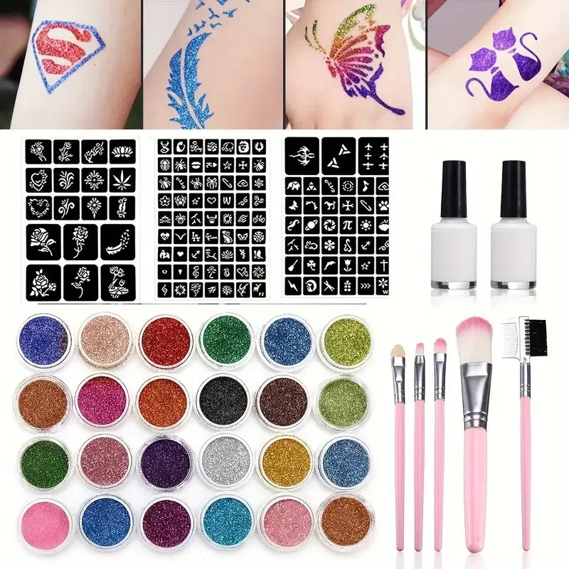 Glitter Temporary Tattoo Set 24 Colors with 2 Bottles of Glue,3 Sheets of Stencil Paper for Stage Performances,Christmas Part