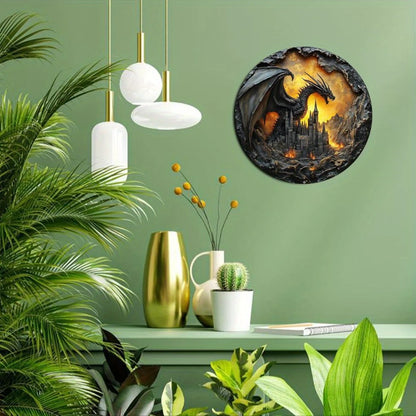 2D Round Wooden Plane Sign Art Dark Dragon Decorative Plates Entrance Gift Drangon Theme for Bar Club Home Room Wall Decor