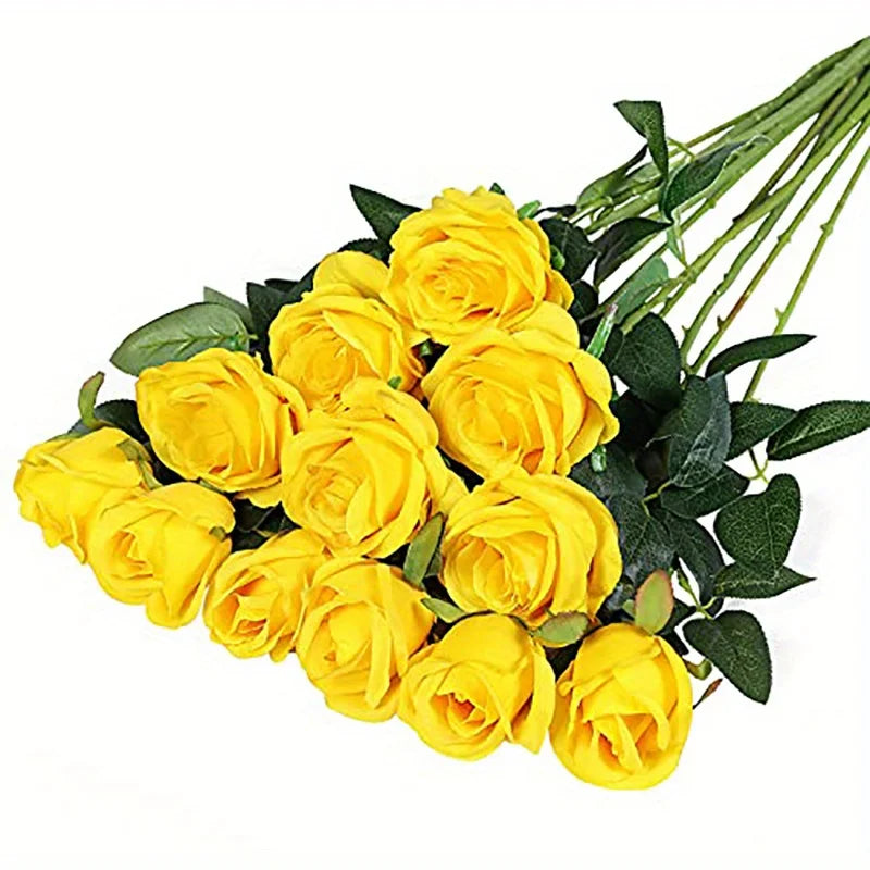 12pcs Realistic Artificial Rose Bouquet for Weddings, Birthdays, and More for Floral Arrangements and Home Decor - YELLOW