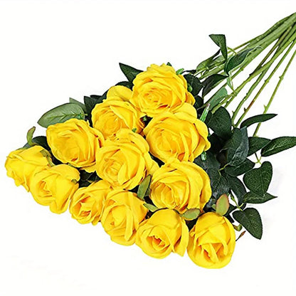 12pcs Realistic Artificial Rose Bouquet for Weddings, Birthdays, and More for Floral Arrangements and Home Decor - YELLOW