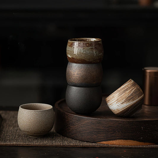 1pc Japanese Style Handmade Stoneware Tea Cup Kung Fu Tea Set Tea Cup Small Single Cup Ancient Style Quiet Road Cup Bowl Teac