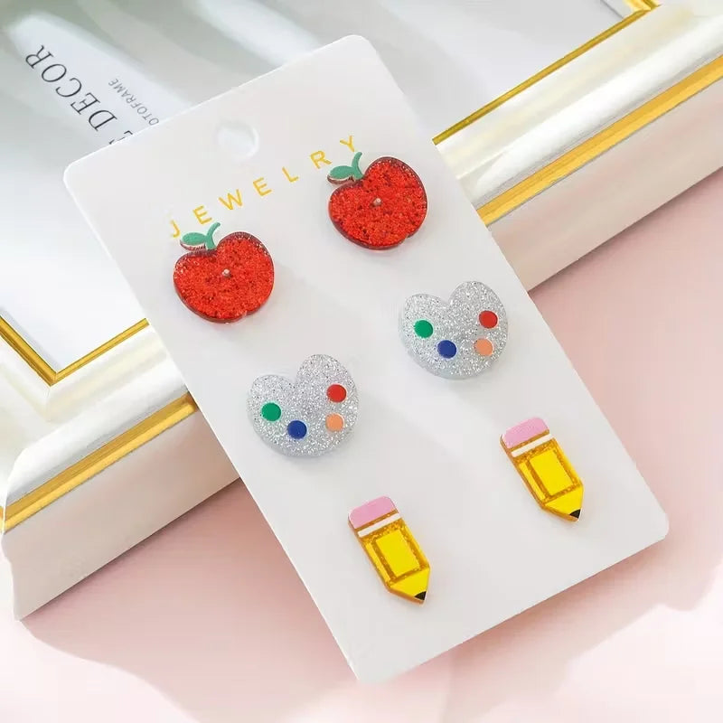 3 Pairs/Set Teacher's Day Colorful Apple Painting Pen Design Women's Jewelry Earrings Set, Gift for Teachers and Classmates