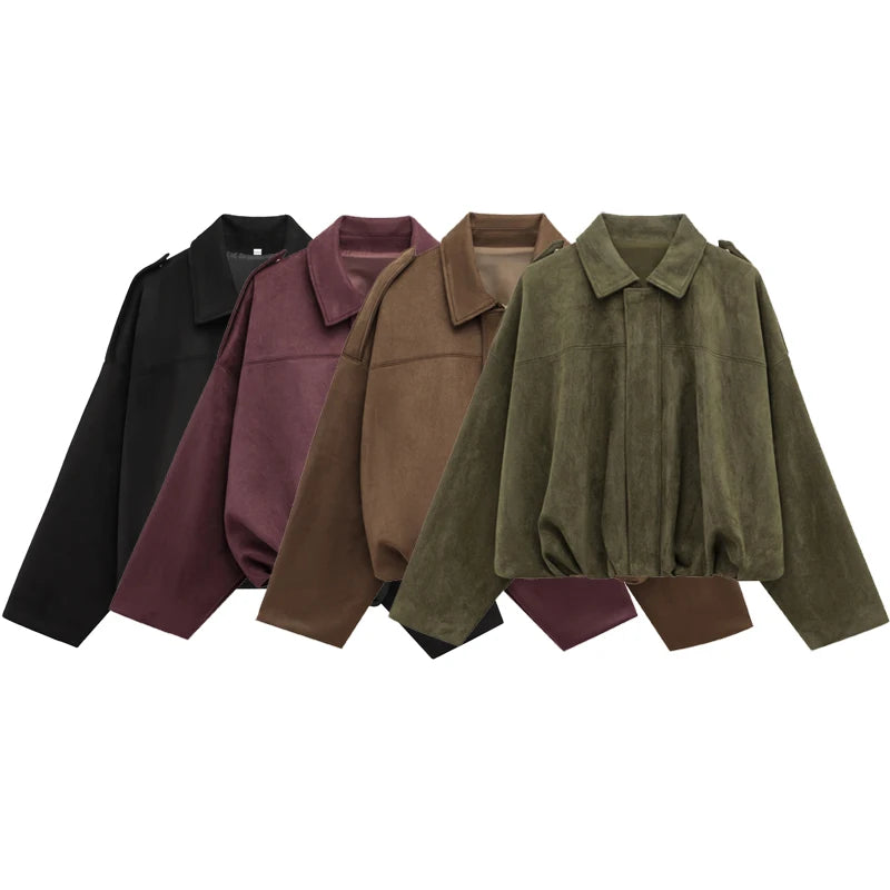 HXAO Women's Bomber Jacket Lapel Long Sleeve Zipper Suede Jacket Women 2025 High Street Cropped Racing Jackets Coats Outerwea