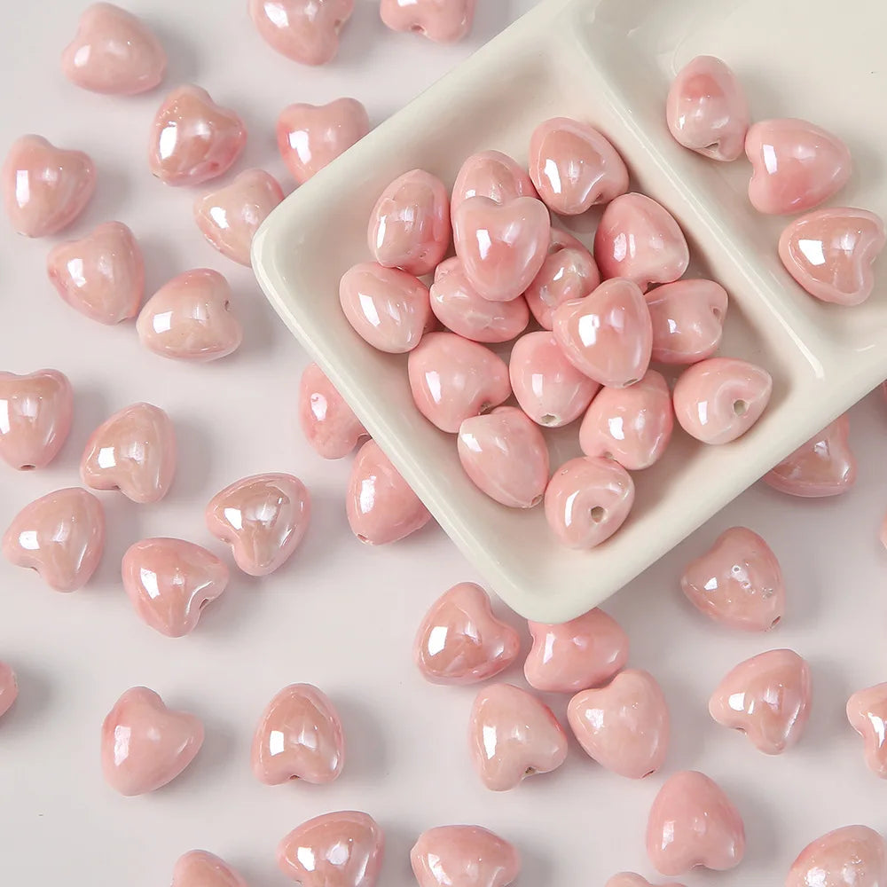 10pcs 12mm Heart Shape Shiny Glossy Ceramic Beads Porcelain Loose Spacer Beads for Jewelry Making DIY Bracelet Necklace Craft