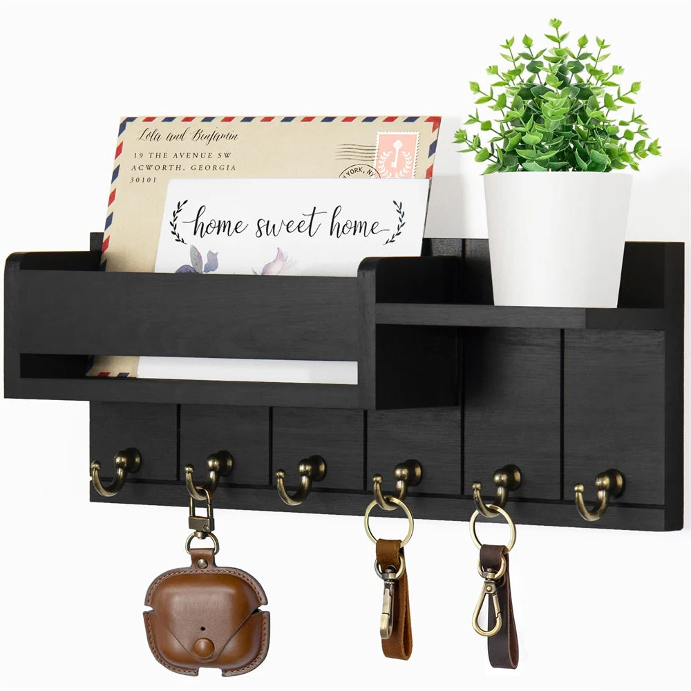 Decorative Key Rack and Mail Organizer with 6 Key Hooks Rustic Wood Key Holder Wall Mounted with Shelf for Living Room Enterw