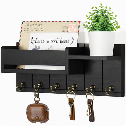 Decorative Key Rack and Mail Organizer with 6 Key Hooks Rustic Wood Key Holder Wall Mounted with Shelf for Living Room Enterw