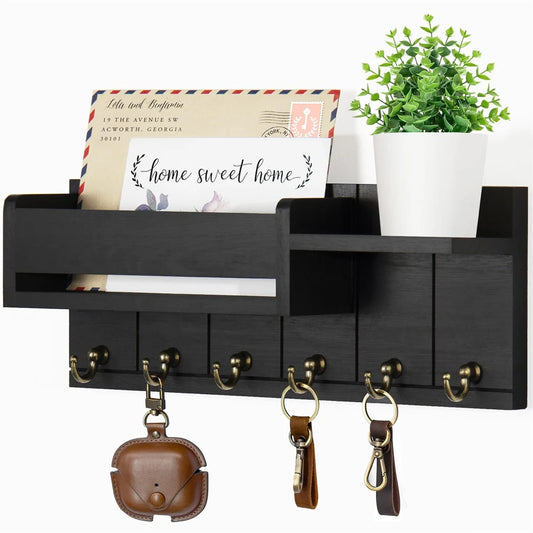 Decorative Key Rack and Mail Organizer with 6 Key Hooks Rustic Wood Key Holder Wall Mounted with Shelf for Living Room Enterw