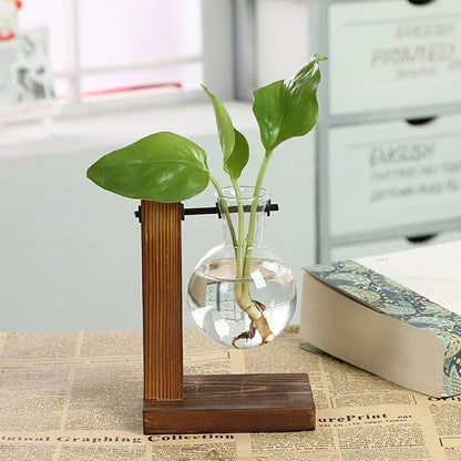 Terrarium Hydroponic Plant Vases Vintage Flower Pot Transparent Vase Wooden Frame Glass Tabletop Plants Home Bonsai Decor - S