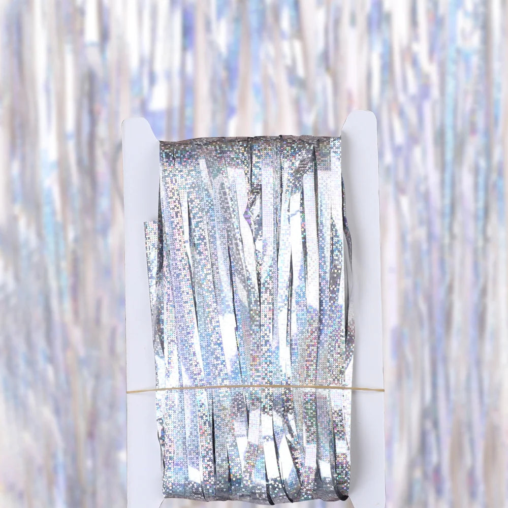 tinsel blue Pink Foil Curtain 1x3m Party background Gold Beige Green Foil Fringe Curtain 1m 2m backdrop - Silver / 1M