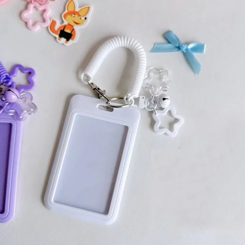 Cute Simple Protective Card Holder with Keychain Colorful Star Retractable Spring Lanyard ID Card Photo Postcard Holder Charm